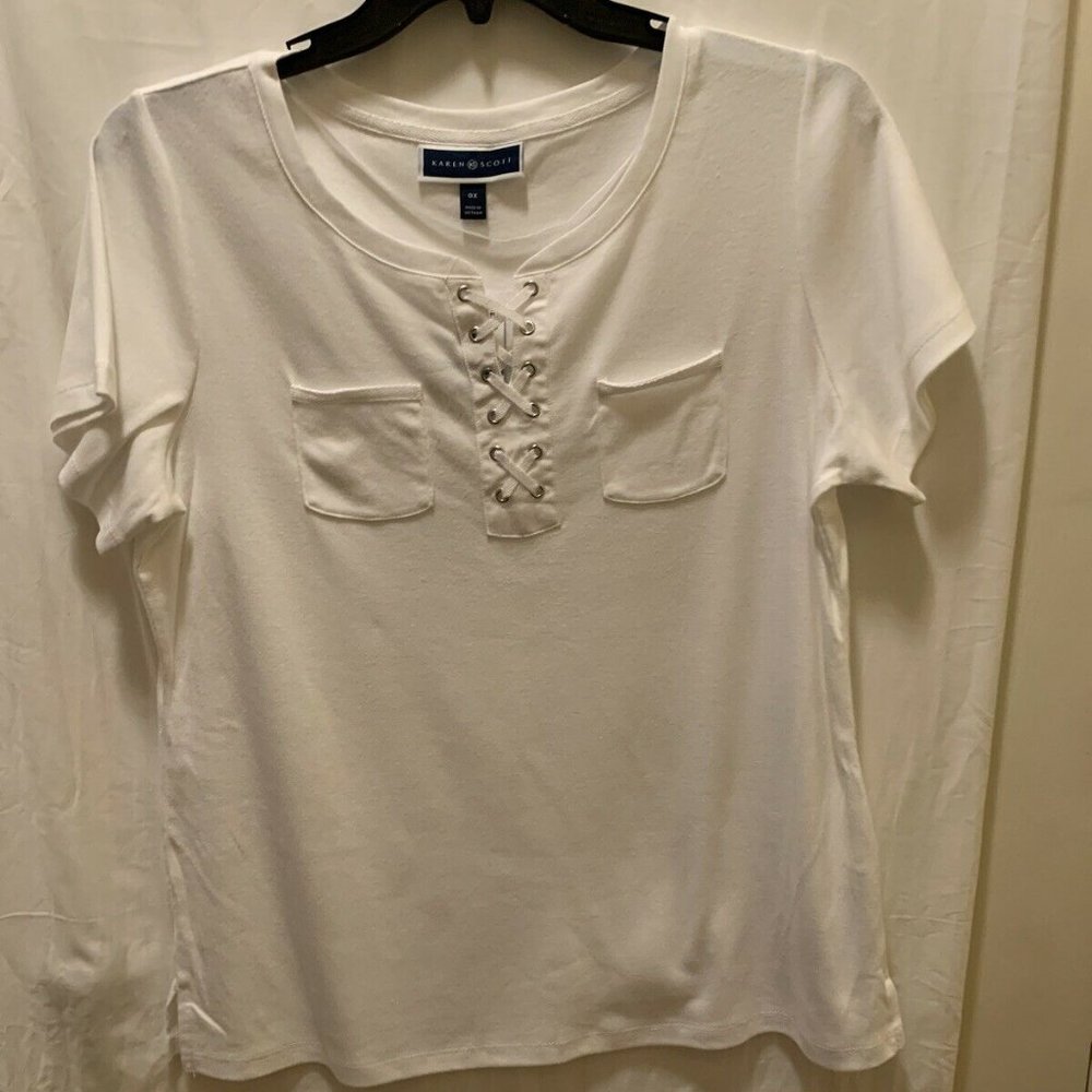 Karen Scott Lace-Up Knit Top Bright White 0X A19
